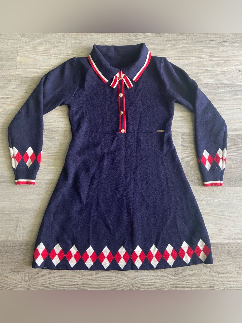 KUYEE BEAR Preppy Navy Knit Sweater Dress White Collar Argyle 160 Kids 14 XL